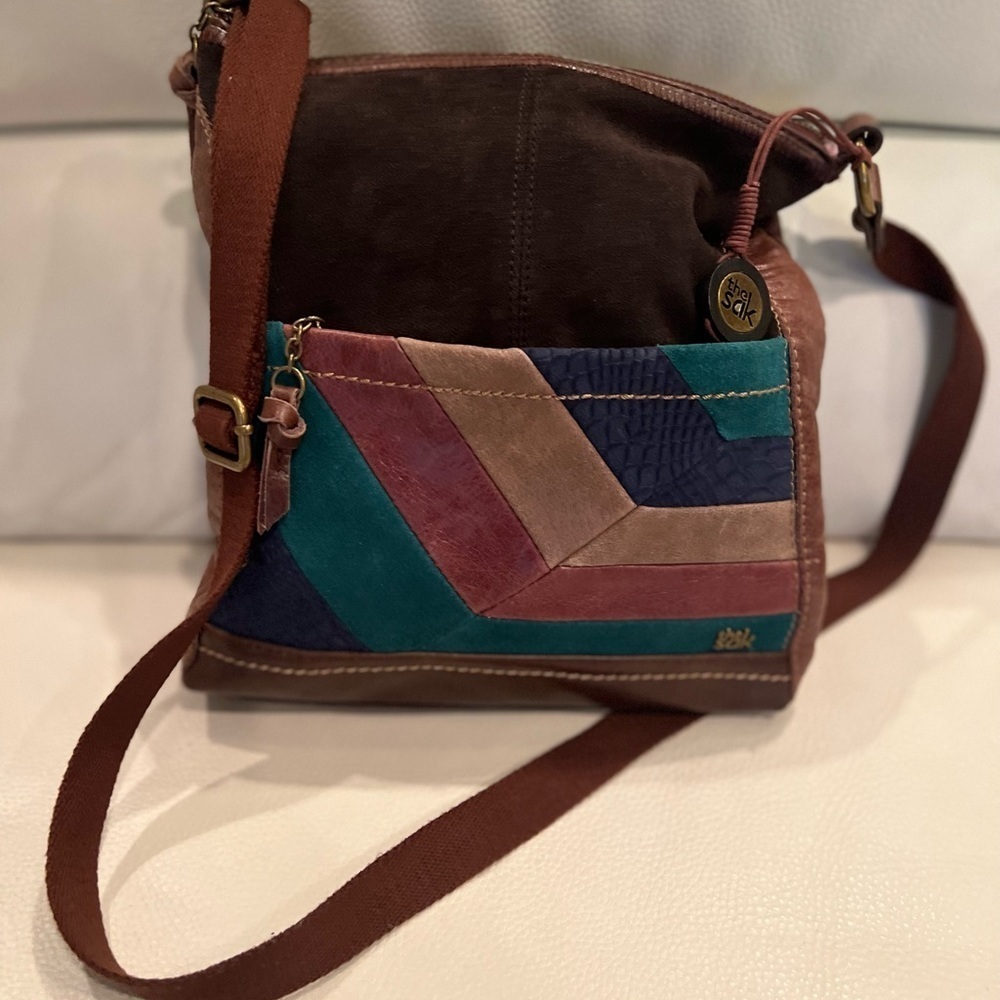 The Sak Crossbody Shoulder Bag Brown Patchwork Leather Suede Handbag